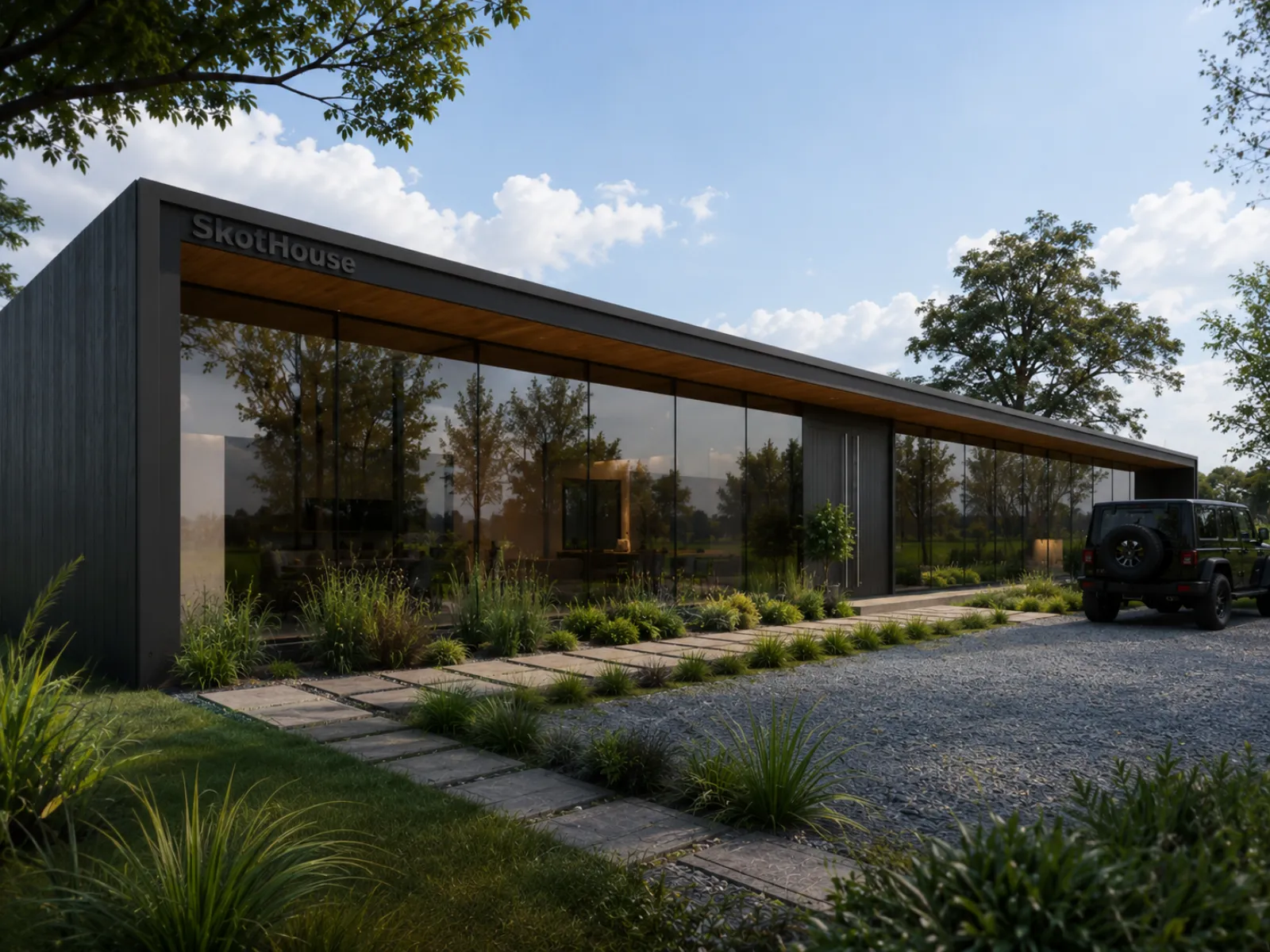 Fachada de casa prefabricada premium SkotHouse en su entorno