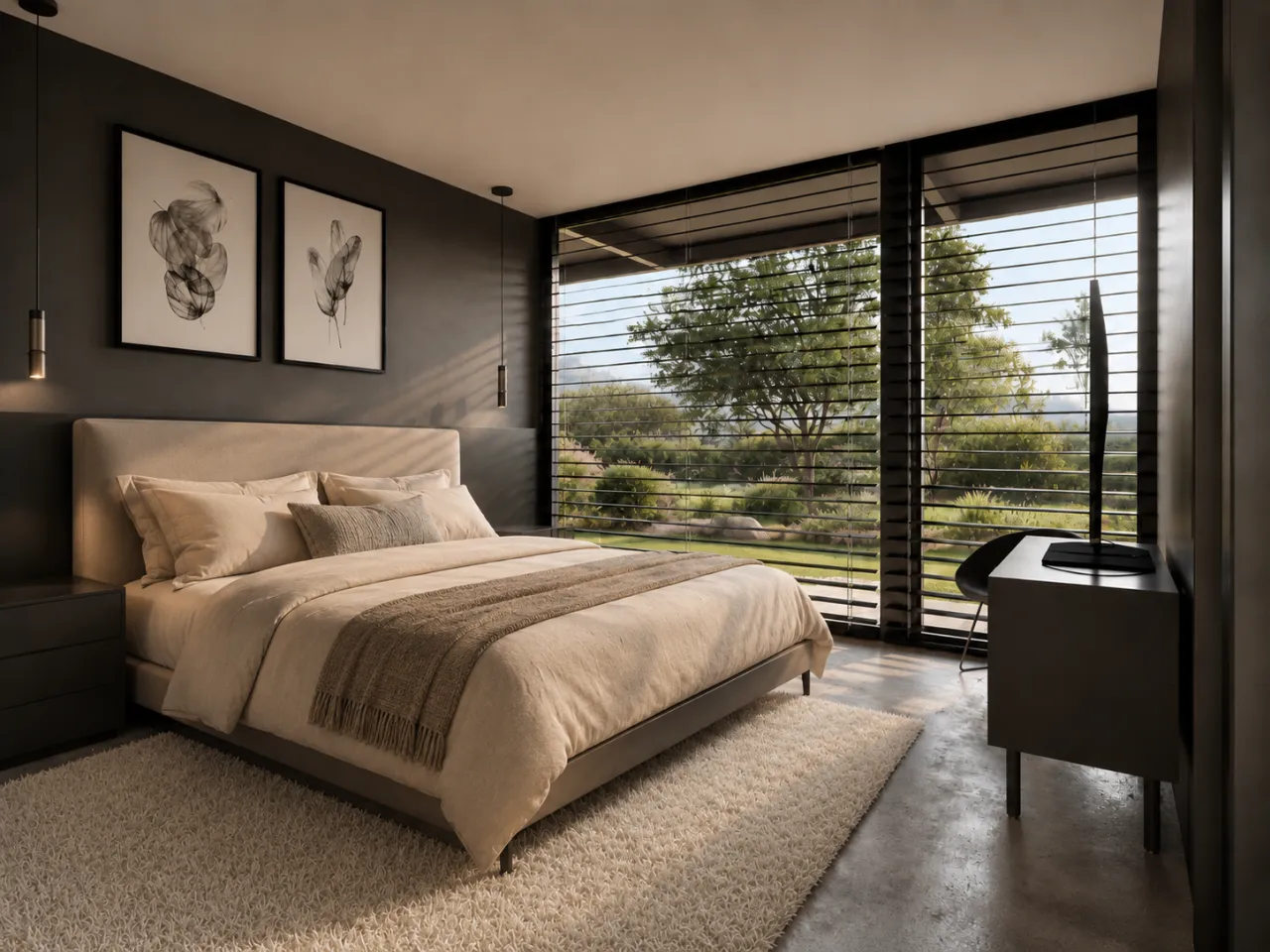 Suite principal con ventanal y vista al jardín