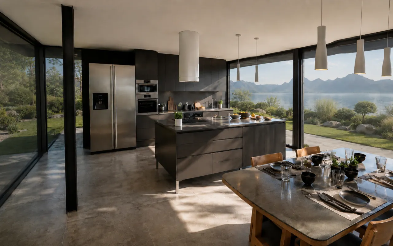 Cocina y comedor integrados con isla central y vista al lago