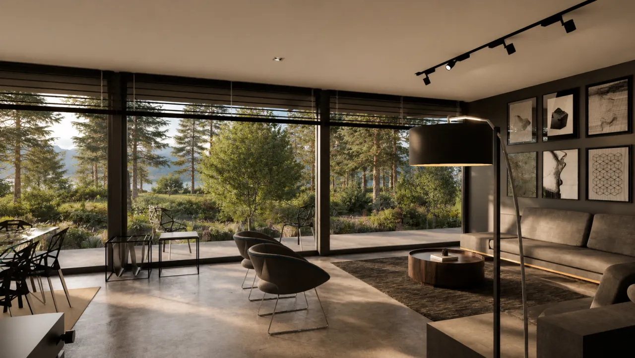 Living con ventanal de piso a cielo y vista al bosque